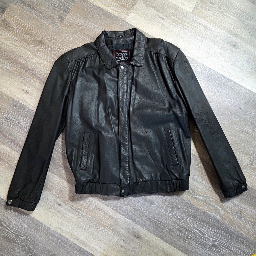 Verri Pelle Leather Bomber Jacket Mens 42 Black Excellent Zip Up Collared Coat